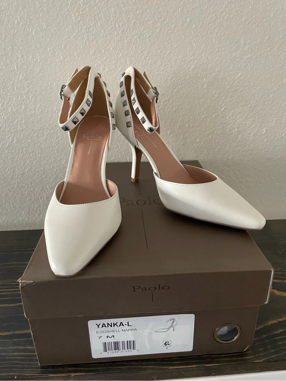 Paolo Leather Studded Ankle-Strap Heels in eggshell